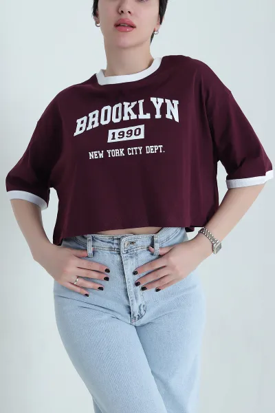 Mürdüm Baskılı Kompak Kadın Crop 455153