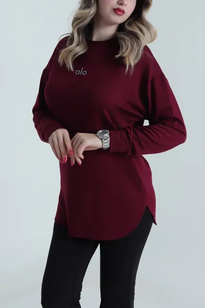Mürdüm Baskılı Kristal Kadın Sweat Tunik 485139