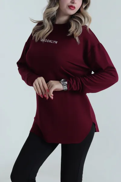 Mürdüm Baskılı Kristal Kadın Sweat Tunik 485148