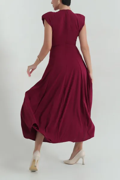 Mürdüm Beli Bağlamalı Crep Kadın Elbise 376387