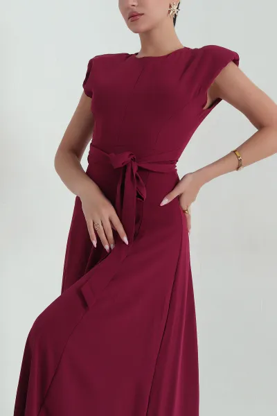 Mürdüm Beli Bağlamalı Crep Kadın Elbise 376387
