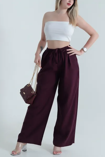 Mürdüm Beli Lastikli Kadın Tensel Pantolon 465943