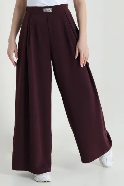 Mürdüm Beli Lastikli Palazzo Kadın Poliviskon Pantolon 448560