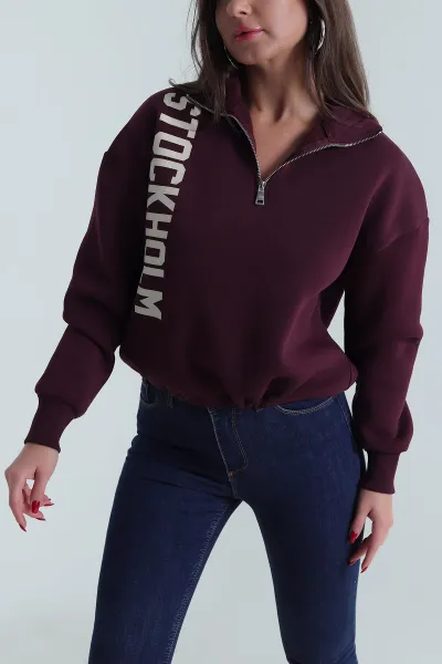 Mürdüm Beli Sıkmalı Şardonlu Kadın Fermuarlı Sweat 492616