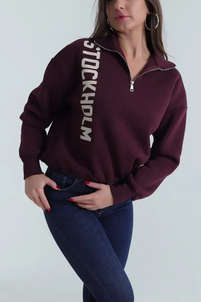 Mürdüm Beli Sıkmalı Şardonlu Kadın Fermuarlı Sweat 492616