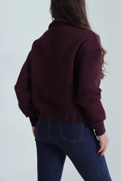 Mürdüm Beli Sıkmalı Şardonlu Kadın Fermuarlı Sweat 492616