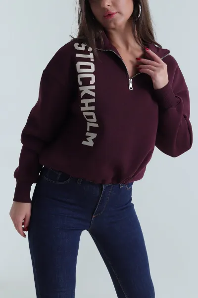 Mürdüm Beli Sıkmalı Şardonlu Kadın Fermuarlı Sweat 492616
