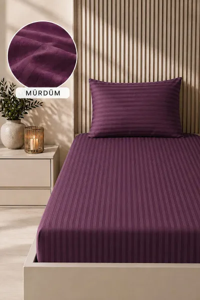 Mürdüm Bella Home 100x200 Cm Tek Kişilik Çizgili Saten Çarşaf Seti 482996