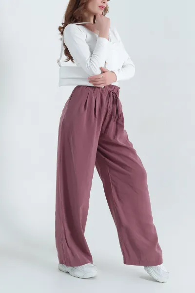 Mürdüm Bol Paça Bel Lastikli Modal Kadın Pantolon 337602