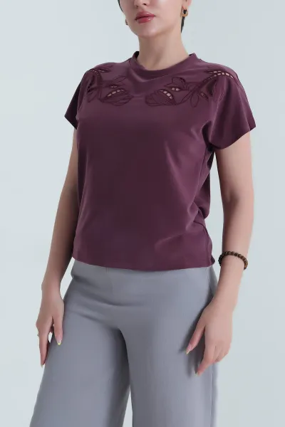 Mürdüm Brode Nakışlı Pike Oysho Kadın Bluz 467060