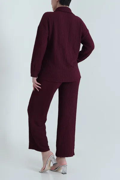 Mürdüm Bukle Kumaş Pantolon Gömlek Kadın İkili Takım 454968