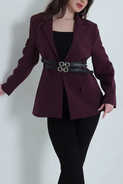 Mürdüm Çift Kemer Astarlı Latina Kadın Blazer Ceket 449543