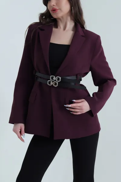 Mürdüm Çift Kemer Astarlı Latina Kadın Blazer Ceket 449543