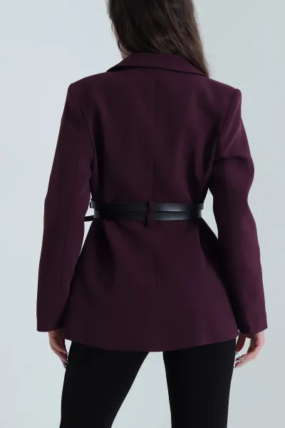 Mürdüm Çift Kemer Astarlı Latina Kadın Blazer Ceket 449543