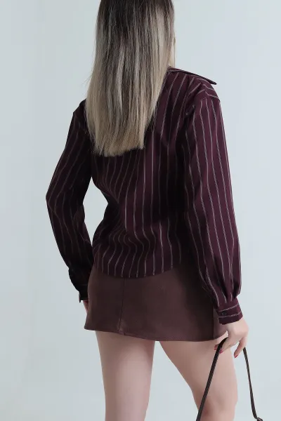 Mürdüm Çİzgili Astarlı Kadın Gömlek Bluz 493896