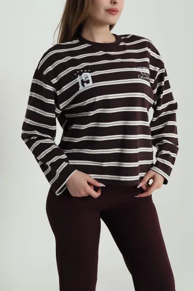 Mürdüm Çizgili Likralı Kadın Sweat 488436