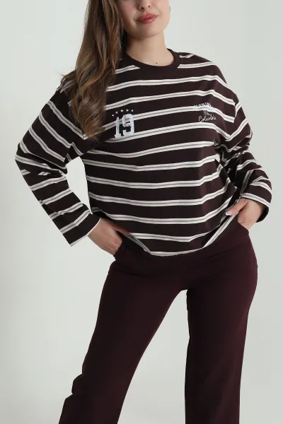 Mürdüm Çizgili Likralı Kadın Sweat 488436