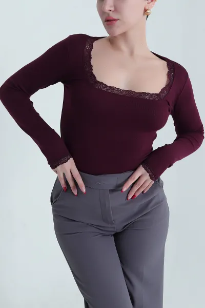 Mürdüm Dantel Yaka Viskon Kadın Badi 437973
