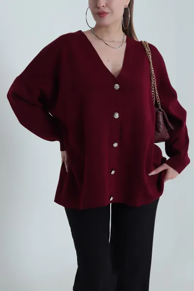 Mürdüm Düğmeli Oversize Kadın Triko Hırka 490713
