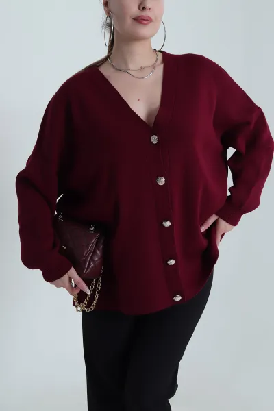 Mürdüm Düğmeli Oversize Kadın Triko Hırka 490713