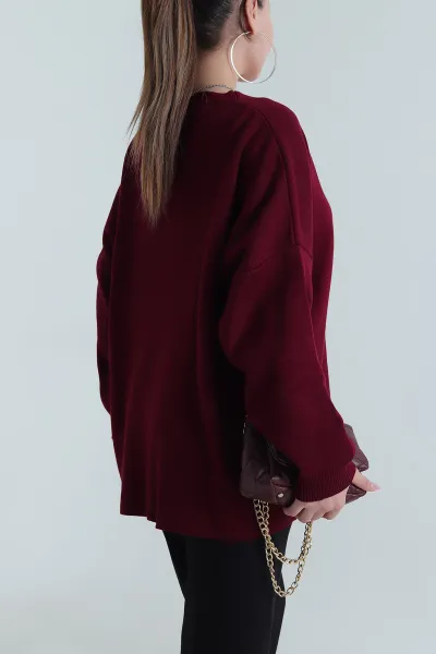 Mürdüm Düğmeli Oversize Kadın Triko Hırka 490713