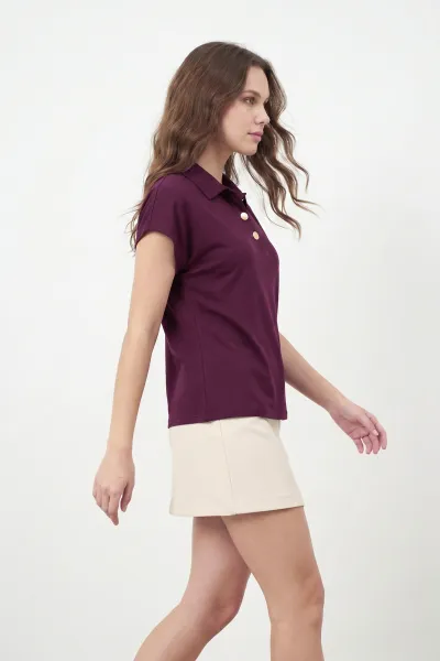 Mürdüm Düğmeli Polo Yaka Kristal Kadın Bluz 449070