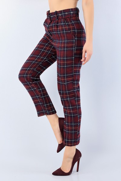Mürdüm Ekose Desenli Bayan Kaşmir Pantolon 75706