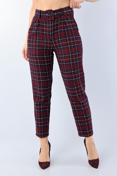 Mürdüm Ekose Desenli Bayan Kaşmir Pantolon 75706