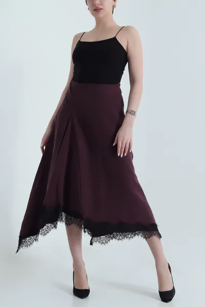 Mürdüm Fermuarlı Dantel Tencel Gabardin Kadın Etek 444182