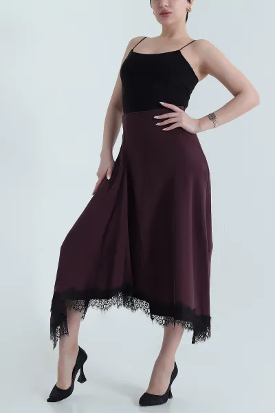 Mürdüm Fermuarlı Dantel Tencel Gabardin Kadın Etek 444182
