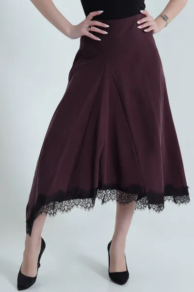 Mürdüm Fermuarlı Dantel Tencel Gabardin Kadın Etek 444182