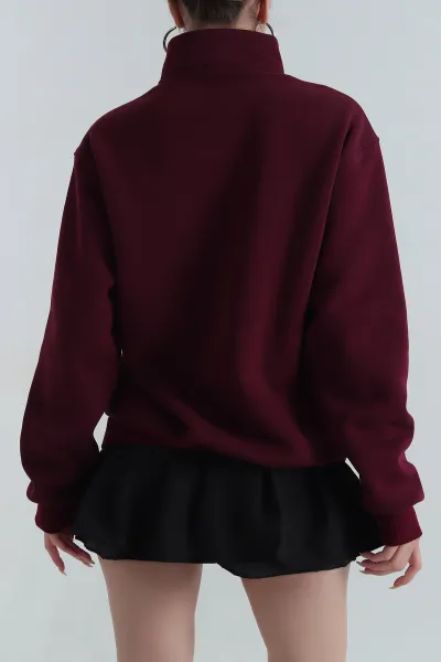 Mürdüm Fermuarlı Nakışlı Şardonlu Kadın Sweat 404966