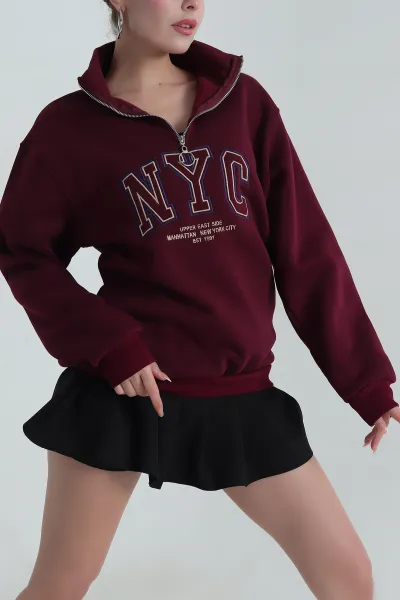 Mürdüm Fermuarlı Nakışlı Şardonlu Kadın Sweat 404966