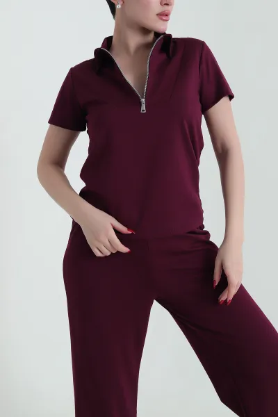 Mürdüm Fermuarlı Polo Yaka Oysho Kadın İkili Takım 430092