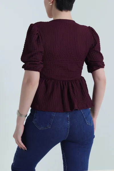 Mürdüm Gofre V Yaka Kadın Bluz 452305