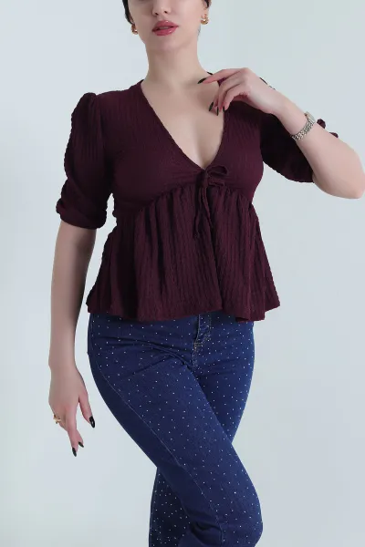 Mürdüm Gofre V Yaka Kadın Bluz 452305
