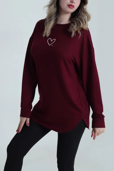 Mürdüm Kalp Baskılı Kristal Kadın Sweat Tunik 485620