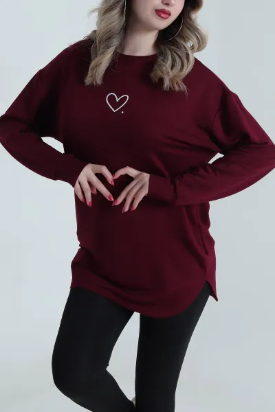 Mürdüm Kalp Baskılı Kristal Kadın Sweat Tunik 485620