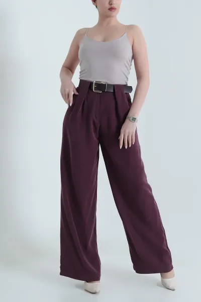 Mürdüm Kemerli Kadın Diagonal Modal Salaş Pantolon 447815