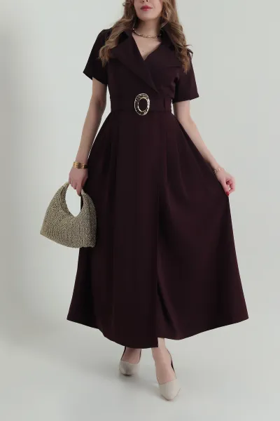 Mürdüm Kemerli Twill Kumaş kadın Elbise 425604