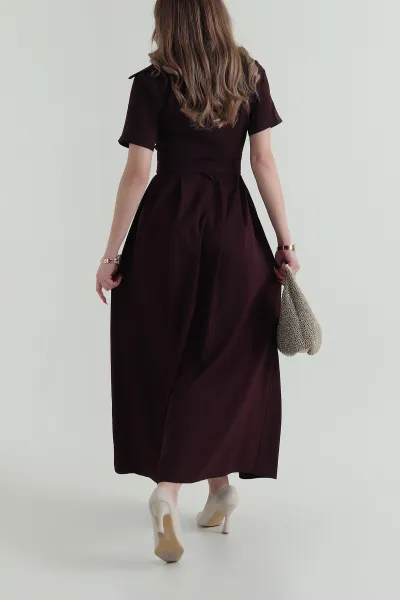 Mürdüm Kemerli Twill Kumaş kadın Elbise 425604
