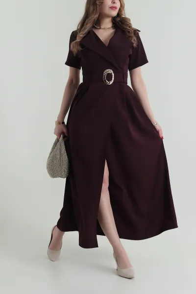 Mürdüm Kemerli Twill Kumaş kadın Elbise 425604