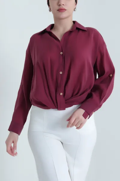 Mürdüm Kolu Katlamalı Tensel Kadın Gömlek Bluz 451131