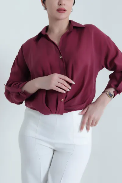 Mürdüm Kolu Katlamalı Tensel Kadın Gömlek Bluz 451131