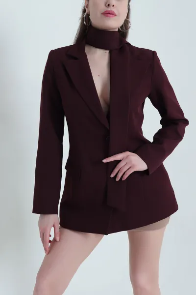 Mürdüm Kuşaklı Dabıl Blazer Kadın Ceket 443907