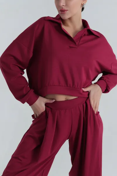 Mürdüm Likralı Polo Yaka Modal Kadın İkili Takım 402935