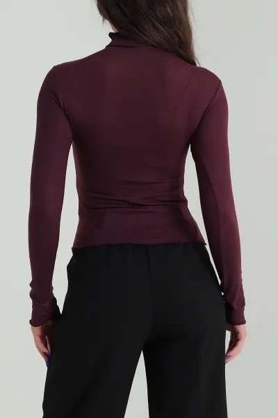 Mürdüm Likralı Viskon Dik Yaka Kadın Bluz 423768