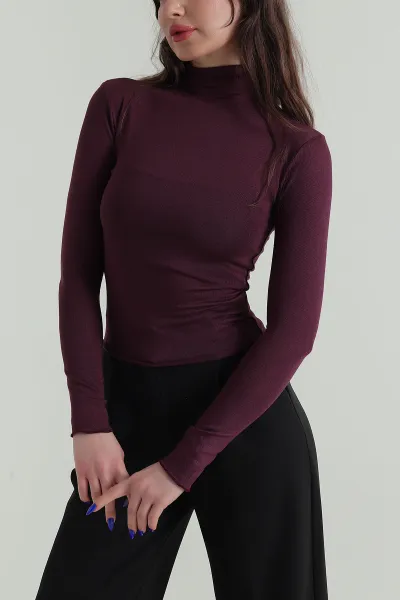 Mürdüm Likralı Viskon Dik Yaka Kadın Bluz 423768