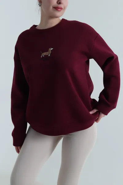 Mürdüm Nakışlı Şardonlu Kadın Fermuarsız Sweat 498273