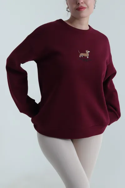 Mürdüm Nakışlı Şardonlu Kadın Fermuarsız Sweat 498273